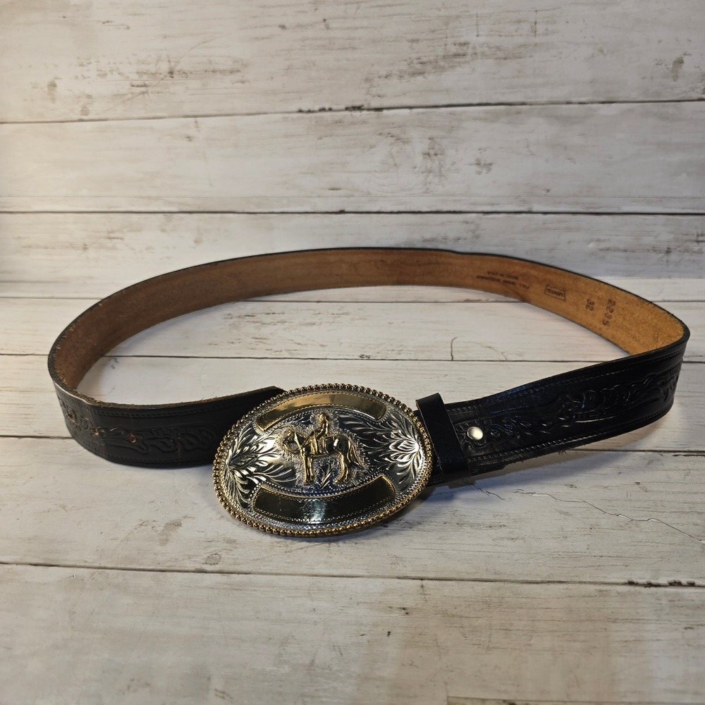 Vintage Levis Black Full Grain Steerhide Western Belt Ornate Horse Buckle 32 USA